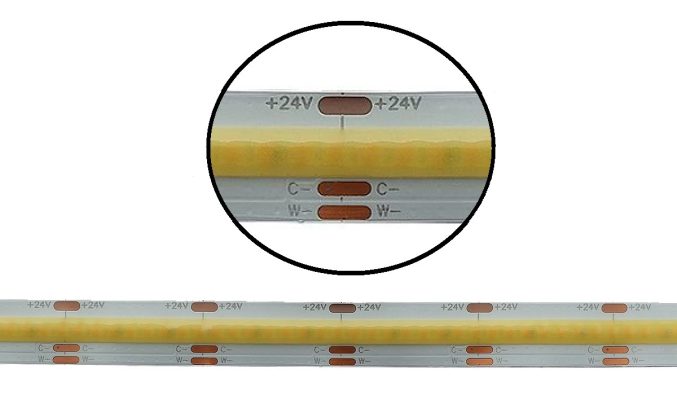Close-up of a CCT strip showing the negative connections - LedStore CCT tape close up where you can see the negative joints