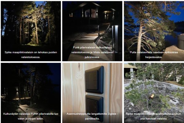 Kesamokki-on-island-picture-book-LedStorefi_ - LedStore Kuusi kuvaa käsittävä kokoelma esittelee LedStore.fi:n LED-ulkovalaistusratkaisuja metsäisellä alueella. Kuvat nostavat esiin polkuvalot, seinään kiinnitettävät kytkimet sekä puiden kohdevalaistustekniikat. Kokonaisuus tuo esille valon esteettisen ja toiminnallisen käytön.