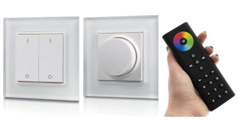 Switches 5. collage - LedStore Light switch panels: dual button and round dimmer. Hand holds black LED remote with color wheel and buttons for light control.