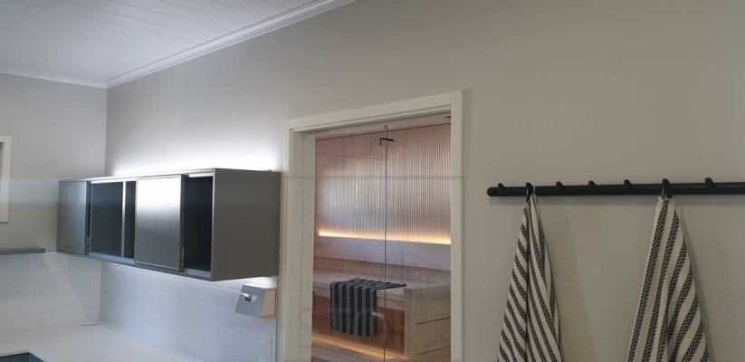 In the sauna, the backrest has an LED strip to provide atmospheric light upwards and under the ceiling downwards. Soft, indirect light. Ledstore.fi