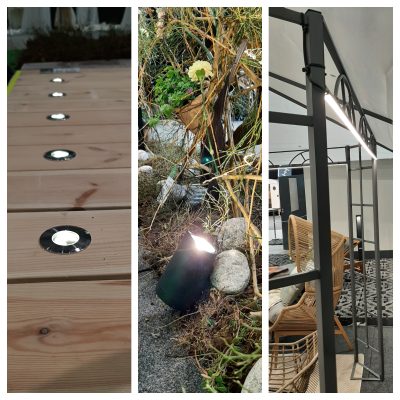 Yard collage - LedStore Kolme kuvaa yhdessä kollaasissa: vasemmanpuoleisessa kuvassa on led-valoja puisten lankkujen tasolla, keskimmäisessä spotlight-valo valaisee puutarhan kasveja ja kiviä, ja oikeanpuoleisessa kuvassa sisätiloissa korituolit ja metallikehykseen asennetut led-kattovalot. Tämä inspiroiva yhdistelmä esittelee LedStore.fi:n laadukkaat valaistusratkaisut kaikille tiloille.