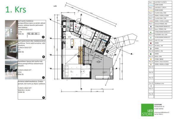 Ground floor LED lighting plan and floor plan in South Espoo, including LedStore.fi product images and information.
