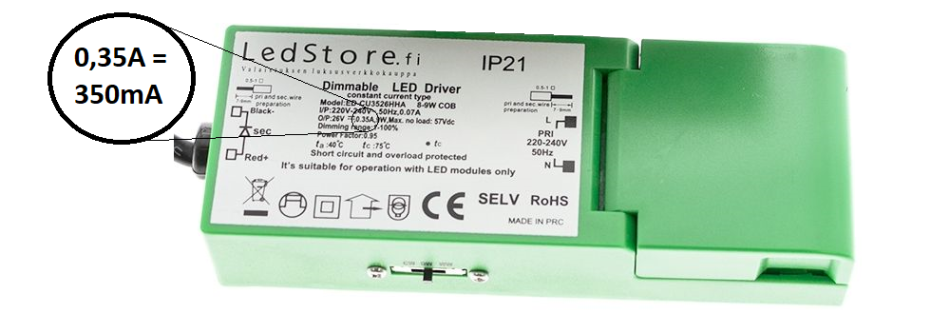 Vakiovirtamuuntaja - LedStore Constant current or DC voltage in the picture of the article Constant current driver 350mA