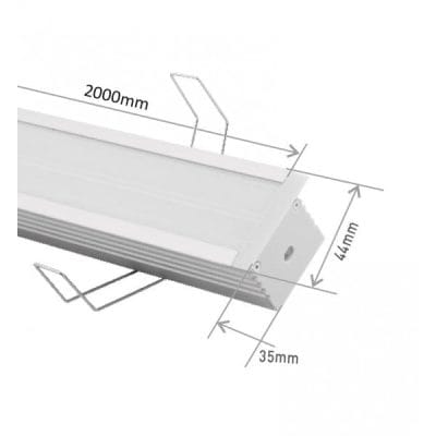 Kaavio suorakulmion muotoisesta LED-valaisimesta, jossa mitat: pituus 2000 mm, korkeus 44 mm ja leveys 35 mm. Valaisimen sivuilla on uurrettu muotoilu ja etupinta on sileä.