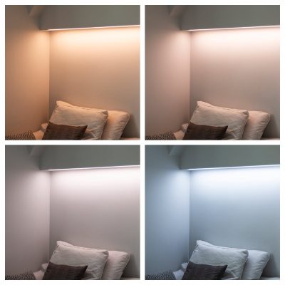 reading nook CCT collage - LedStore A color temperature adjustable LED strip used in a reading nook.
