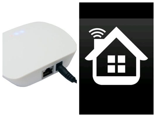wifi box and easy home APP - LedStore Sleek white device with Ethernet and power cable, LED house icon with Wi-Fi symbol glows on black background - LED lighting tech and connectivity.