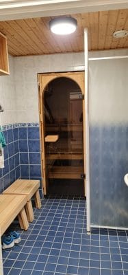 Sauna room with wooden interior, tiled changing area, subtle LED lighting accentuating shower partition, benches with hooks; blue and white tiles throughout.