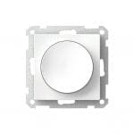 Neliön muotoinen valkoinen LED-himmenninkytkin, jossa on pyöreä keskinuppi, asennettu metallilevylle, jossa on neljä kulmaruuvin reikää, ihanteellinen tarkkaan valaistuksen ohjaukseen.