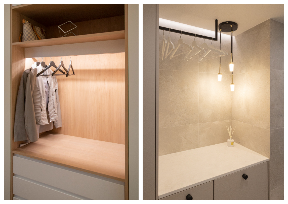 Jaettu kuva esitelee kaksi modernia vaatekaappia: vasemmalla puolella on puinen kaappi, jossa roikkuu parasta vaatteita ja hyllyillä säilytystilassa. Oikea puolinäkö vaatehuoneen valaistusta LeedStore.fi:n tyylikkäillä LED-valaisimilla – lasiset vaatetangot, elegantit valaisimet ja tasolle latauksen tuoksutikku luovat raikkaan ja viihtyisän tunnelman vaatehuoneeseen. - LedStore In the left image, an open wardrobe is lit with LED strip lighting, highlighting clothes. In the right image, indirect LED strips are installed along the ceiling and wall edge, casting a soft, ambient glow.