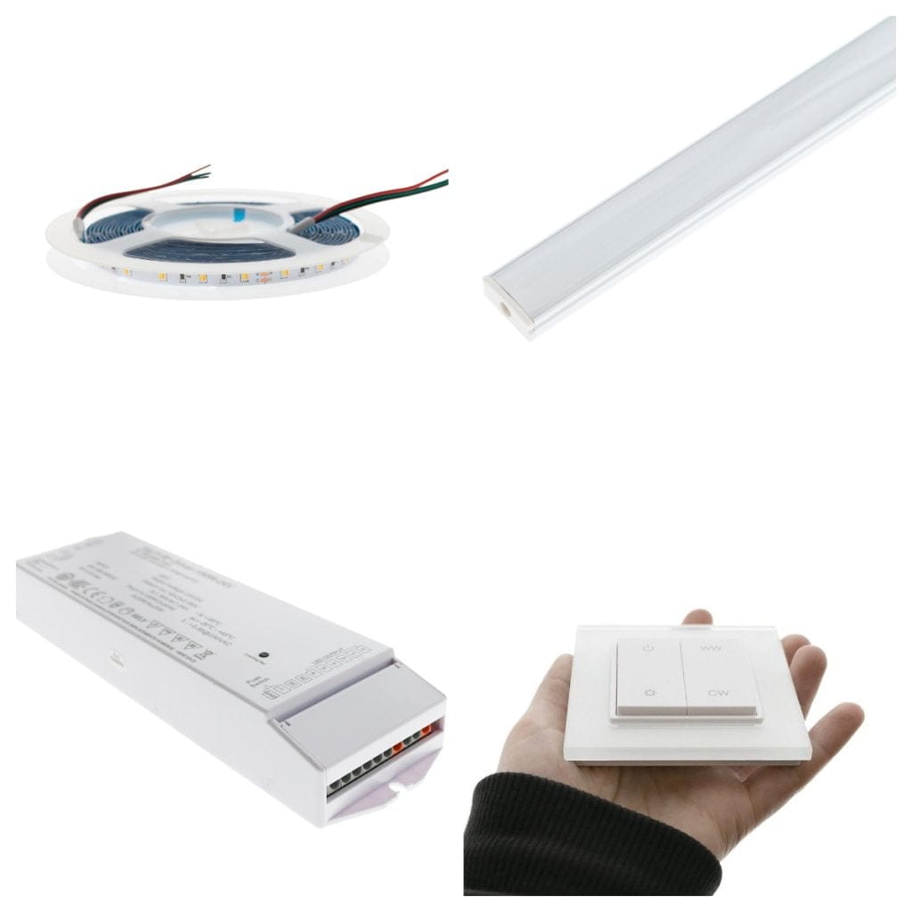 CCT collage for toilet renovation blog - LedStore Collage: LED strip reel, aluminum profile, driver, square dimmer switch held in hand.