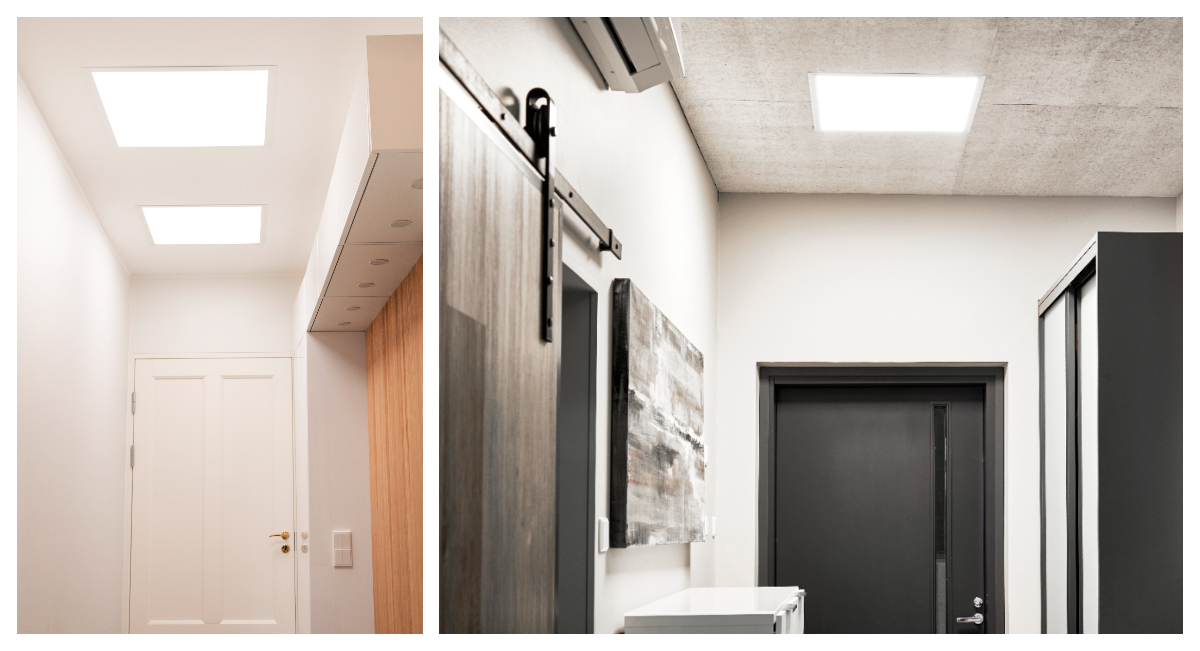 Kaksitilaa, joissa on kirkkaat, neliönmuotoiset led-kattovalaisimet: vasemmalla valkoinen eteinen sulje oven kanssa ja oikealla moderni käytävä, jossa vaatekaappien led-valaistus sisätunnista teollista sisustustyyliä. Kaikki valaistusratkaisut löydät LedStore.fi-verkkokaupasta! - LedStore Two spaces with bright, LED panels recessed on the ceiling. Left, a white entryway with a wardrobe and on the right, a modern foyer with a wardrobe.