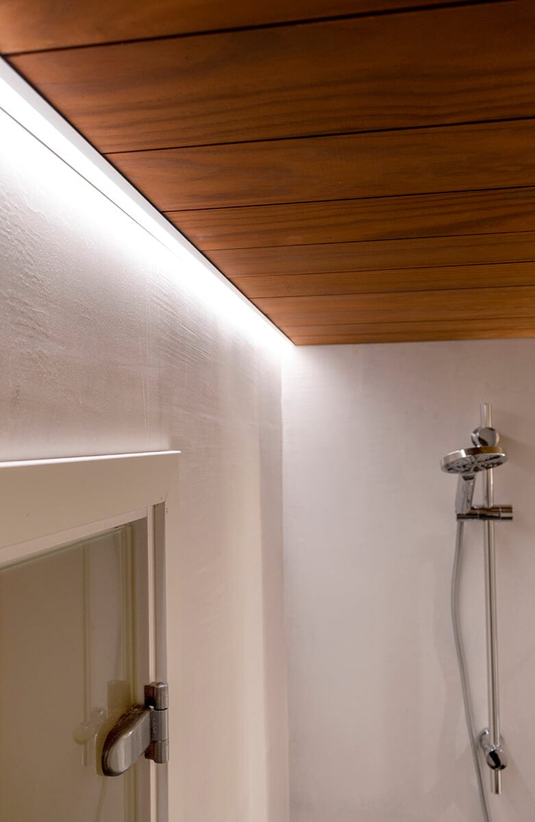 Minimalist bathroom with a wooden ceiling, LED recessed lighting, modern shower head, and white walls. Partial view of a hinged white door in foreground.