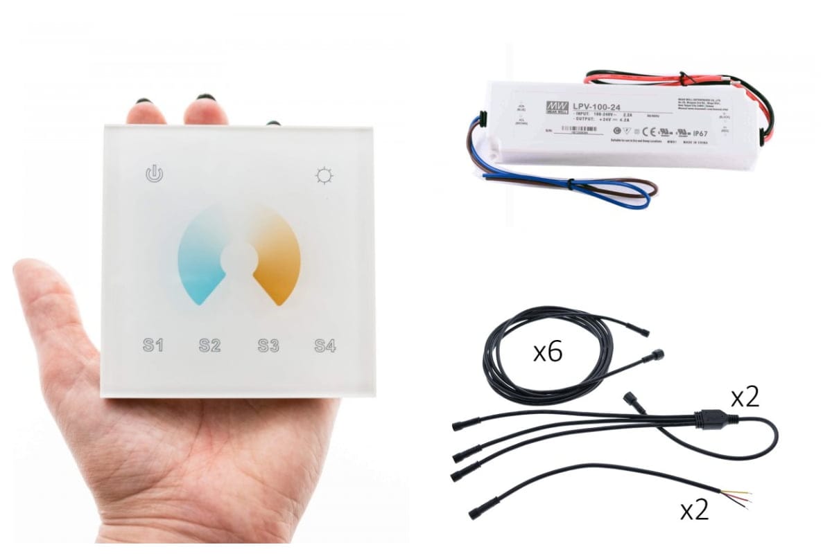 Wired CCT dimmer, transformer and wiring harness - LedStore Smart touch panel with LED indicators (S1-S4) and power supply unit, six cables, and connectors for efficient LED lighting control.