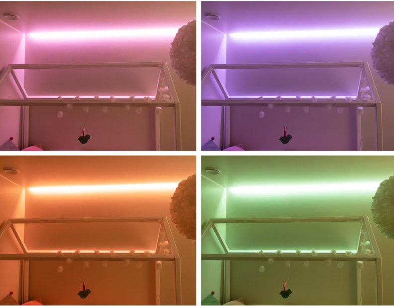 Espoon Kaitamäessä sijaitsevan perheen kodin huoneessa sängynrunko on valaistu LedStore.fi:stä hankitulla LED-nauhoista koostuvalla valaistusratkaisulla, joka tuottaa tunnelmallisia pinkin, violetin, oranssin ja vihreän sävyjä.