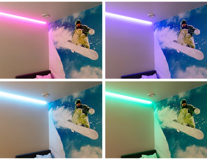 Snowboard-aiheinen seinämaalaus, jota elävöittävät LedStore.fi:n vaihdettavilla väreillä loistavat LED-valot - pinkki, violetti, sininen ja vihreä - luo näyttävän ja dynaamisen valaistuskokonaisuuden espoolaisen perheen kotiin Kaitamäessä.