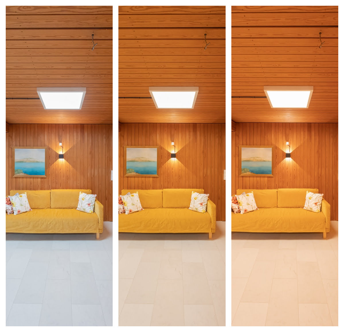 I ett rum med träpanel kommer träets nyanser, liksom nyansen på det renoverade golvet, att förändras dramatiskt beroende på vilken nyans av vitt ljus du justerar från panelerna. LedStore.fi