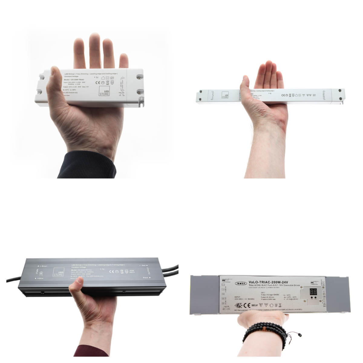 Kuva 1 TRIAC kollaasi - LedStore TRIAC muuntajat ovat eri kokoisia. Pienimmät mahtuvat melkein kämmenelle, ja suurimmat ovat noin kolmen kämmenen levyisiä.