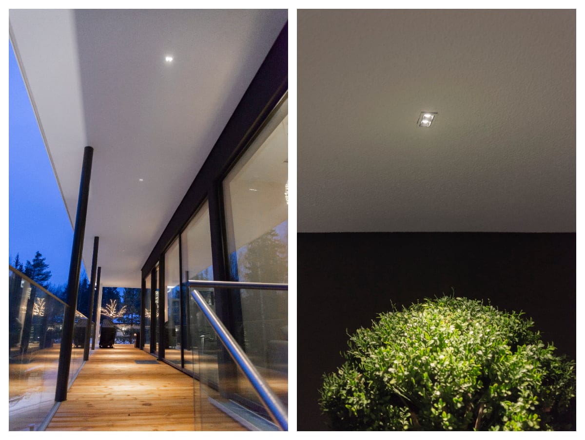 Figure 5 Collage LINJA 2 terrace lighting - LedStore Left image: Modern house exterior with a wooden path, glass railing, and recessed LED lights. Right image: Small LED ceiling light illuminating plant.