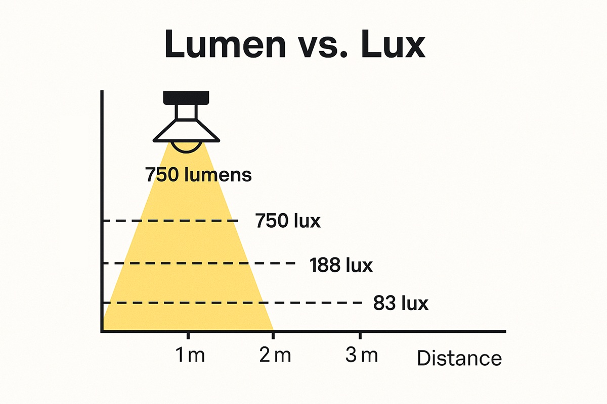 Kaavio, joka havainnollistaa lumenien ja luksien erot eri etäisyyksillä 750-lumen LED-valosta - käytännön valaistusopas. - LedStore Kaavio, joka havainnollistaa lumenien ja luksien erot eri etäisyyksillä 750-lumen LED-valosta - käytännön valaistusopas.