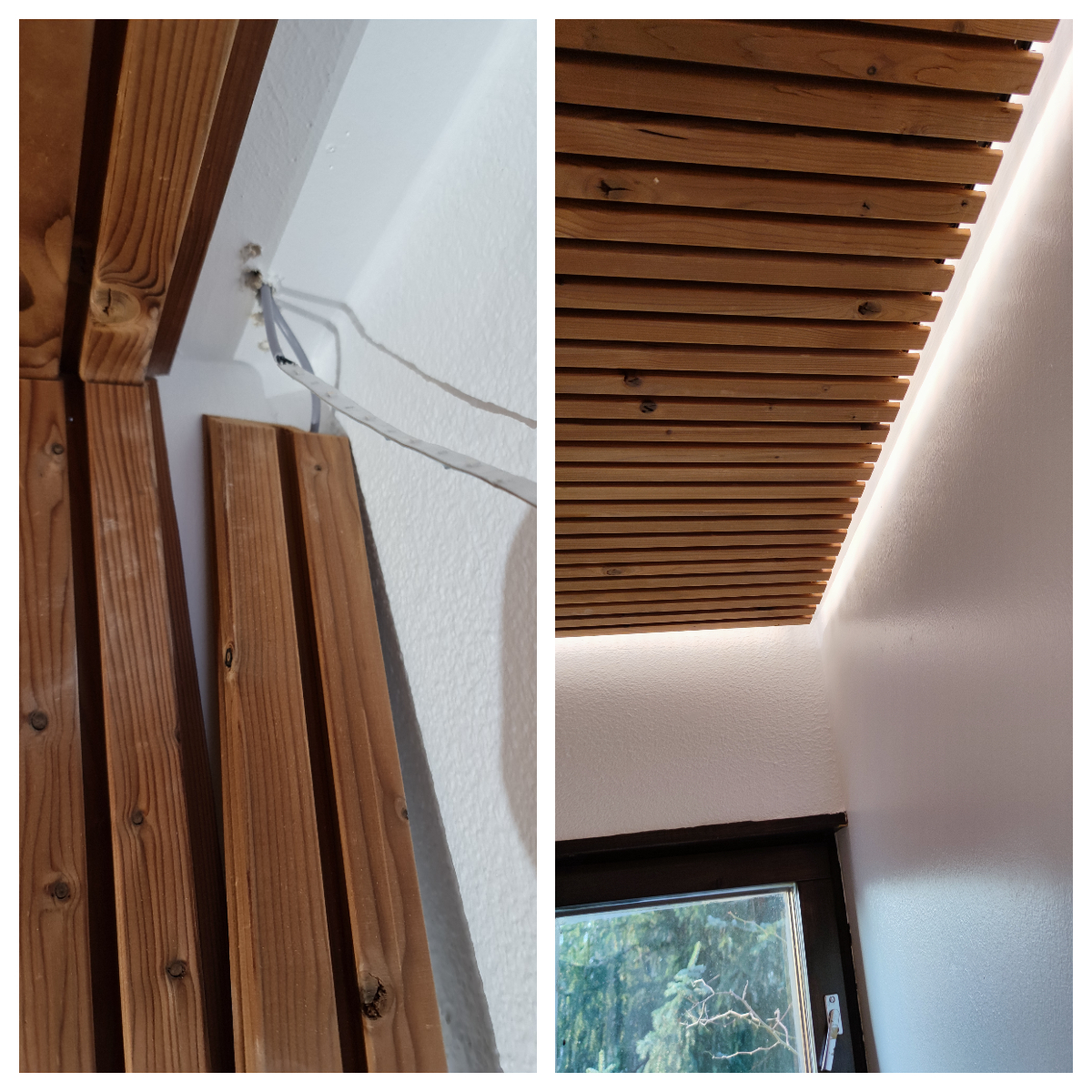 Panel and LED strip installation and finished lighting on the ceiling with LED strips attached to a black aluminium profile.