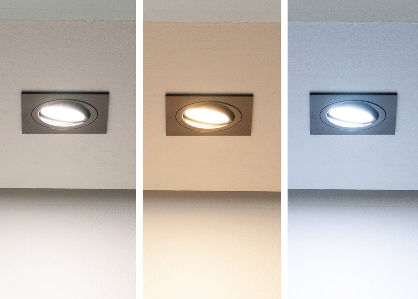 Three square recessed LED ceiling lights: soft white glow, warm yellow light, bright bluish-white light on a white ceiling. Ideal for modern lighting.