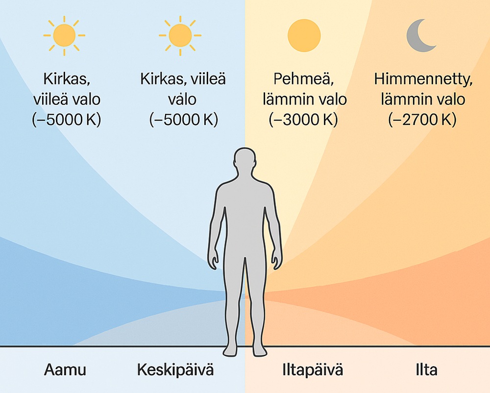 Kuvitus esittelee valon värin ja lämpötilan vuorokauden mukaan, valaistusohjeet EN 12464-1 mukaisesti, suomeksi. - LedStore Kuvitus esittelee valon värin ja lämpötilan vuorokauden mukaan, valaistusohjeet EN 12464-1 mukaisesti, suomeksi.