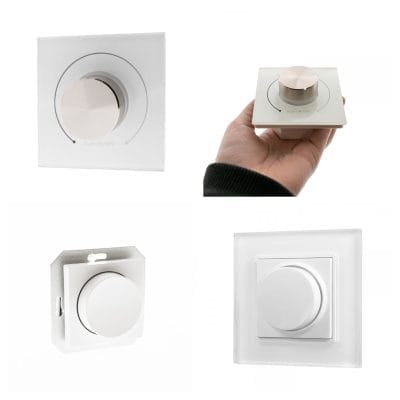 Four different rotary LED dimmers in white, including both wired and wireless models. 