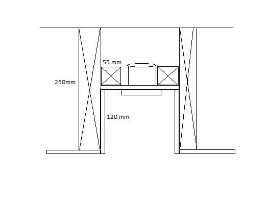 Rakennekuva spottikouru - LedStore Tekninen kaavio pöytälevystä LED-merkkivaloilla, 120 mm leveä. Ominaisuuksiin kuuluvat 250 mm korkeat poikkipalkit ja laatikot ja sylinteri 55 mm:n välein.