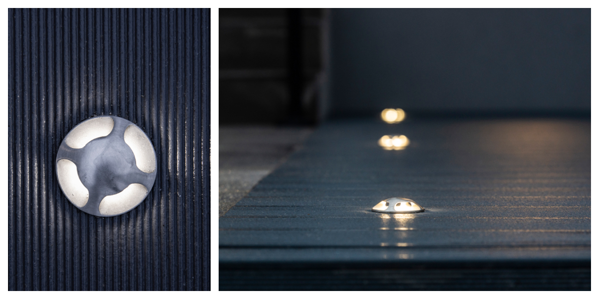 Lähikuvassa sekä sivusta katsottuna LedStore.fi:n pyöreät, upotettavat LED-kannet valaisevat terassin miellyttävällä, himmeän valolla. Nämä tunnelmavalaistukseen ja terassin korostanitellut LED-valaisimet on asennettu tasaisin milloin uritetulle, tummasävyiselle ulkopinnalle. - LedStore In close-up and from the side, the round, recessed LED covers from LedStore.fi cast a soft, ambient light on the terrace. These LED fixtures are perfect for mood lighting and highlighting the terrace, are evenly spaced along a textured, dark-colored exterior surface.