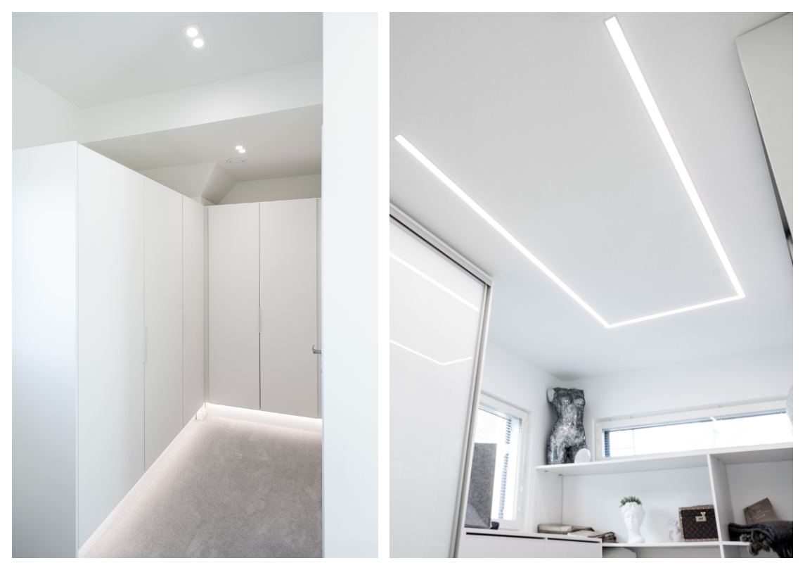 Two-part image: On the left, a minimalist white hallway features integrated cabinetry, soft lighting, and elegant LED wardrobe illumination. On the right, a modern interior space showcases recessed linear LED lights that highlight shelves and accentuate decorative items. Explore LedStore.fi’s wide range of LED lighting solutions for every home! - LedStore Kaksiosainen kuva: Vasemmalla puoli näkyy minimalistinen, valkoinen käytävä, jossa on integroidut kaapistot, pehmeä valaistus ja tyylikäs vaatekaapin LED-valaistus. Oikealla puolella moderni huonetila, jossa upotetut lineaariset LED-valot tuovat esiin hyllyt ja korostavat sisustusesineitä. laajaan LedStore.fi:n valikoimaan tutustu erilaisia LED-valaistusratkaisuja jokaiseen kotiin!