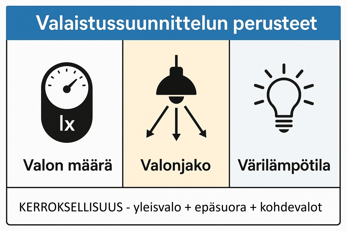 Kaavio valaistuksen perusteista-valon määrä, jakautuminen ja värilämpötila-suomi, LedStore.fi -verkkokaupan opas. - LedStore Kaavio valaistuksen perusteista-valon määrä, jakautuminen ja värilämpötila-suomi, LedStore.fi -verkkokaupan opas.