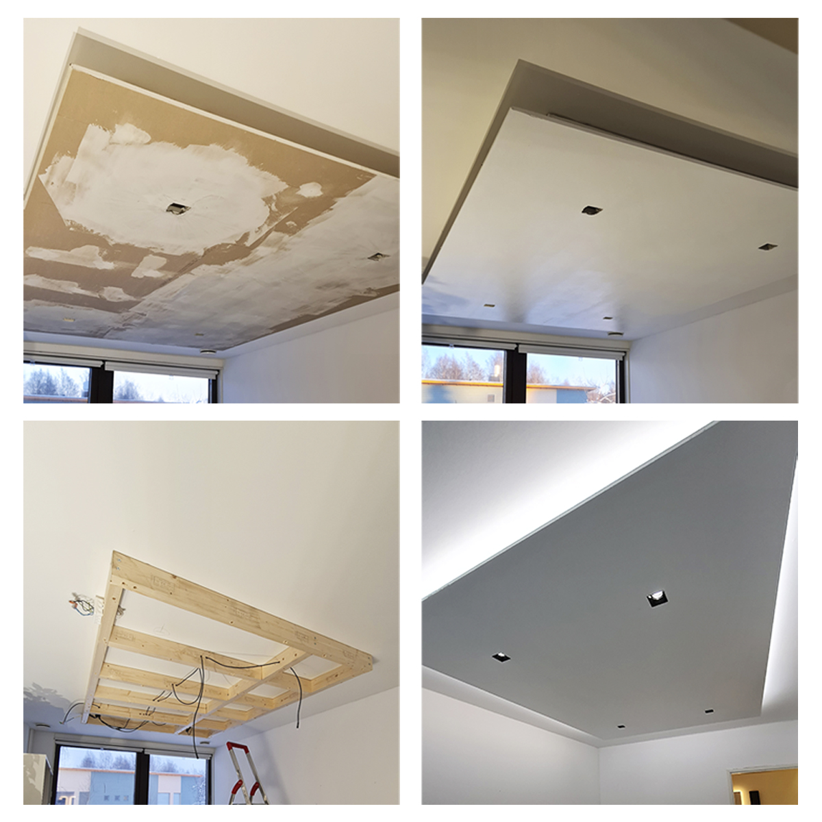 Lowered ceilings at different stages of work