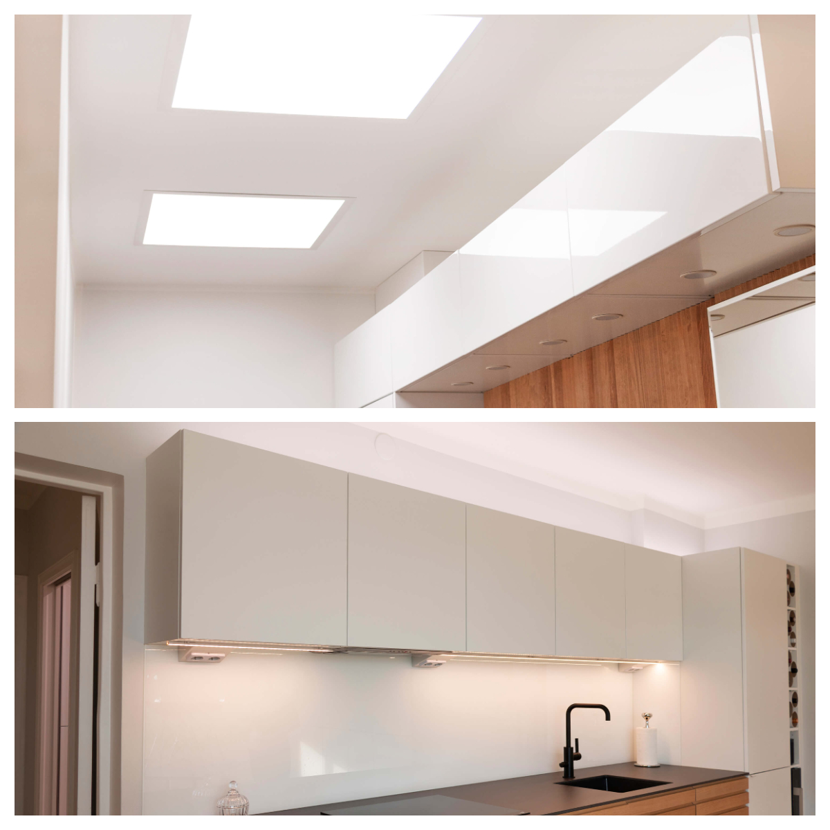 LedStore's Panel 600 in the hallway and the CCT colour temperature adjustable LED strip in the kitchen are both Zigbee-controlled for mobile use and controlled by a wall button and remote control.