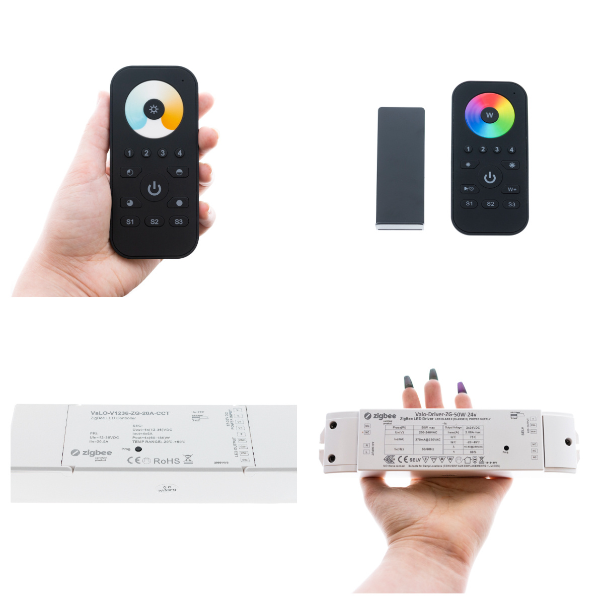 Top row with Zigbee remote controls, white light from cool white to warm white, and colour-changing RGB LED strip. The remotes have a magnet to attach it to a bracket that screws into the wall, for example. Remote controls and receivers with corresponding colour temperature control or colour changing functions are paired to the hub for versatile control and scheduling.