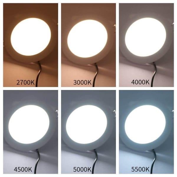 cct_plafondi_160_collapse_tiny_1 - LedStore Six LED lights in two rows, labeled 2700K to 5500K, showcasing warm yellowish to cool white tones for diverse lighting preferences.