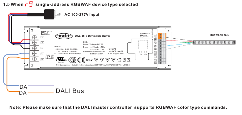 Kaavio DALI DT8-himmenninliitännästä RGBWAF LED-nauhalle, mukana DALI-muuntajakytkennät ja virransyöttö. - LedStore Kaavio DALI DT8-himmenninliitännästä RGBWAF LED-nauhalle, mukana DALI-muuntajakytkennät ja virransyöttö.