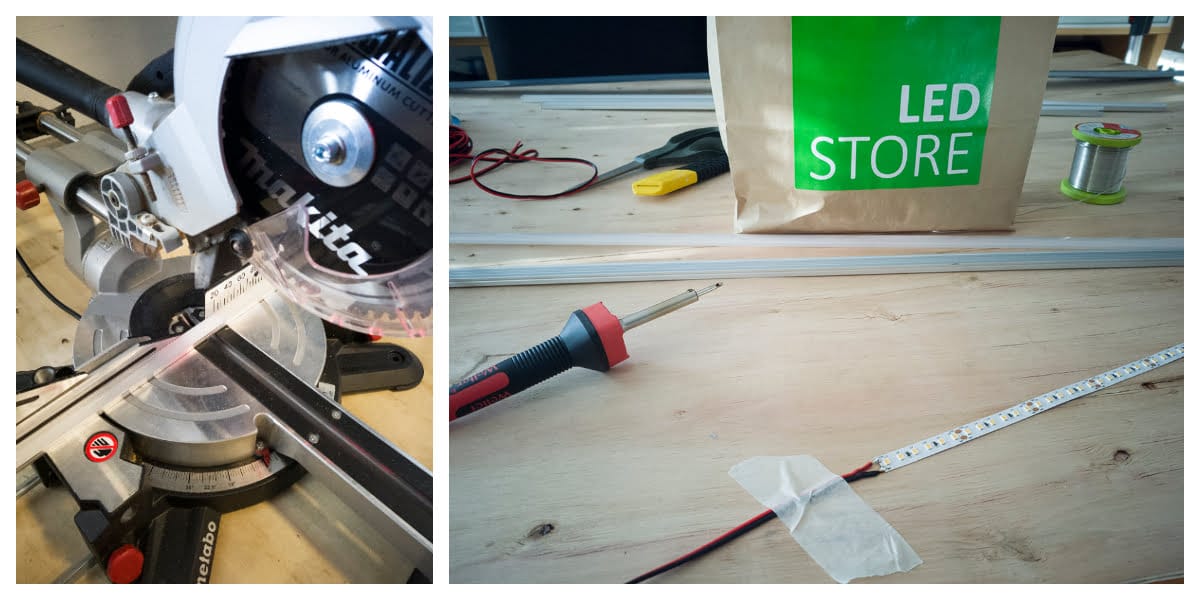 Work phase photos of profile cutting and LED strip soldering.