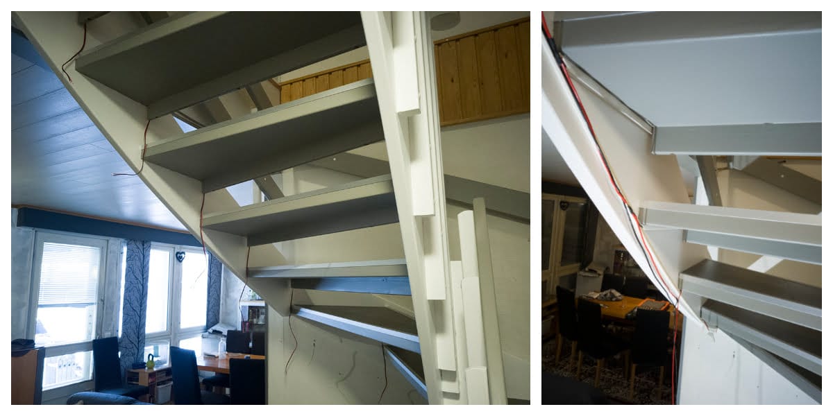 The wire connections are made underneath the stairs, and the cables are then concealed in a cable duct.