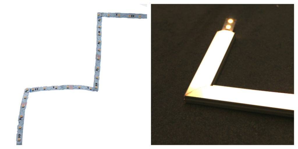 collage profile guide and bendable - LedStore Left image: bendable LED strip on a white background. Right image: illuminated corner of an LED profile on a dark surface