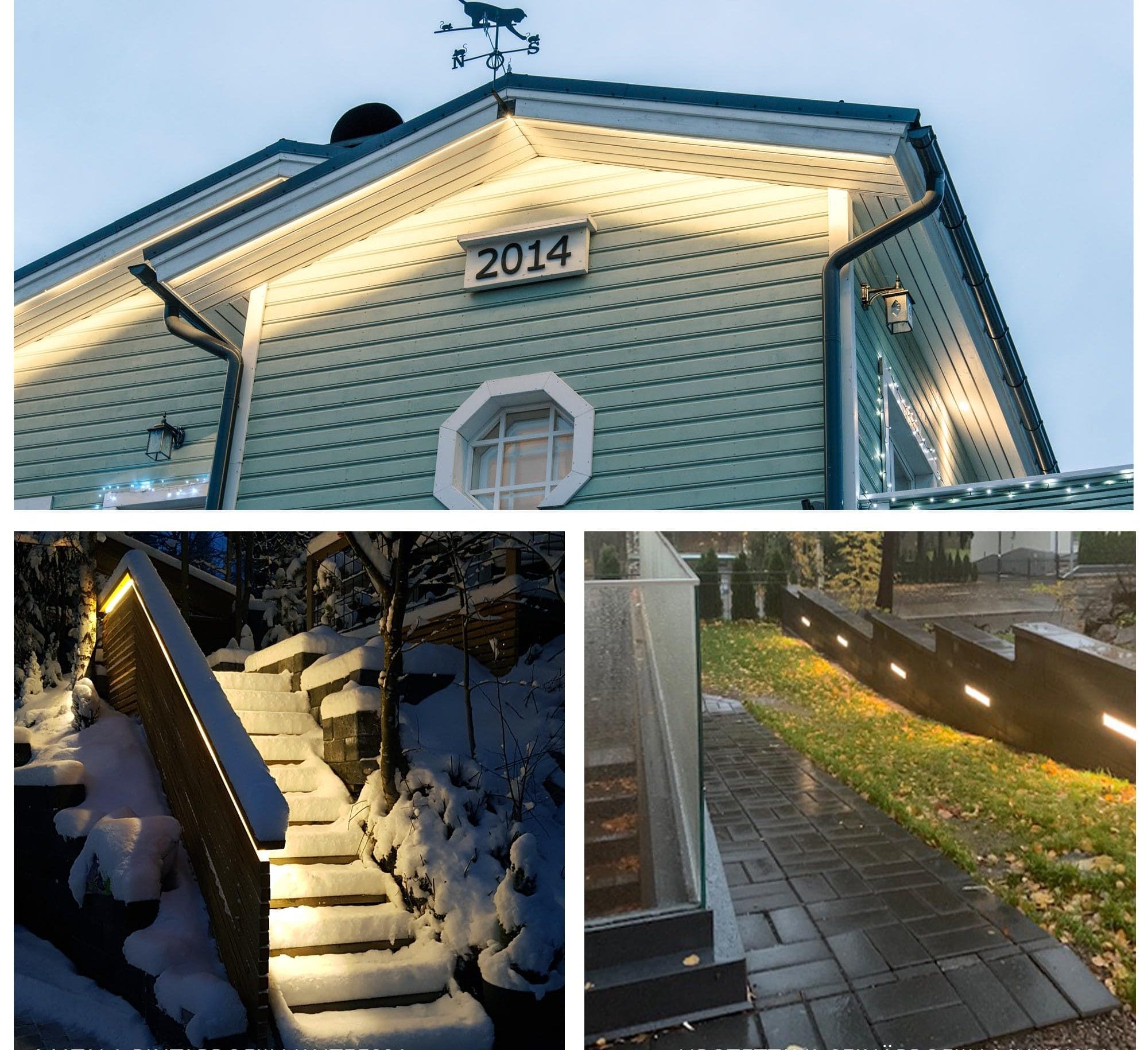 Ulkotilojen valaisussa toimii liike- ja hämäräkytkin - LedStore Aluminium strip and LED strip on roof ridge, exterior stair handrail and wall lighting