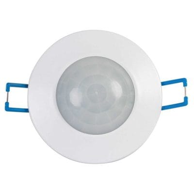 Ceiling-mounted white motion sensor with dome lens, LED indicators, and blue brackets. Ideal for LED lighting control and energy efficiency.