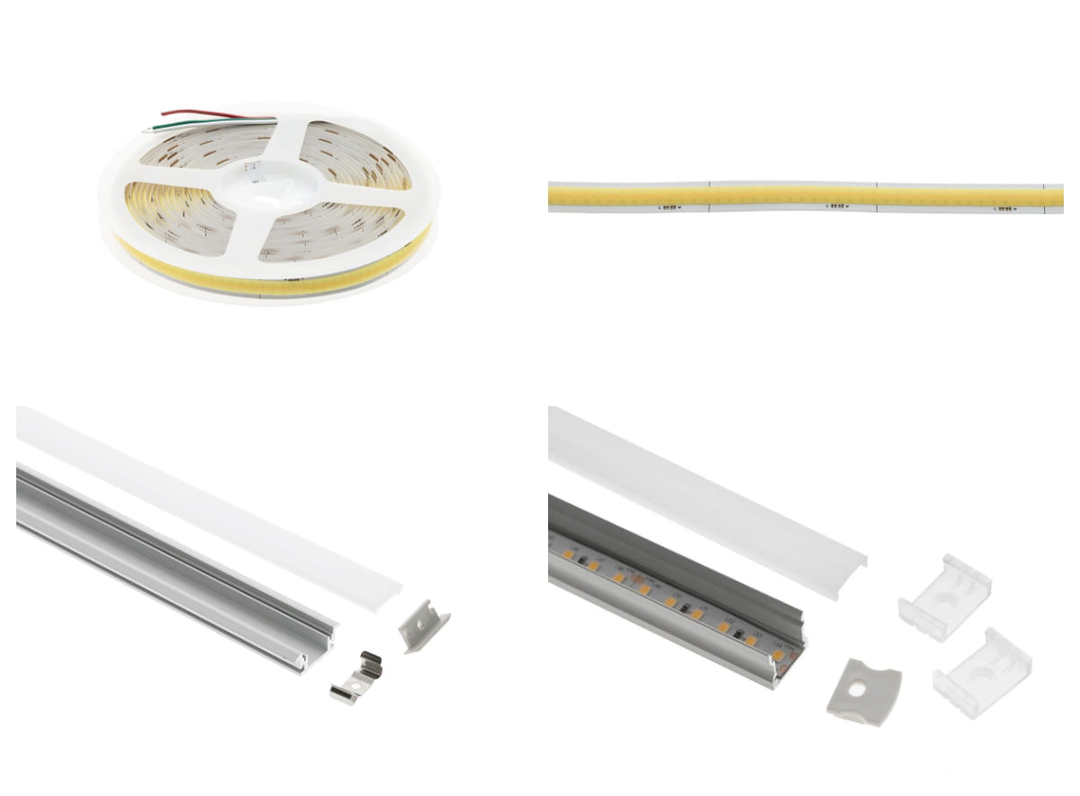 nauha ja profiili kollaasi - LedStore Vitriinin led-valaistus, eri led-nauha ja profiilivaihtoehtoja.