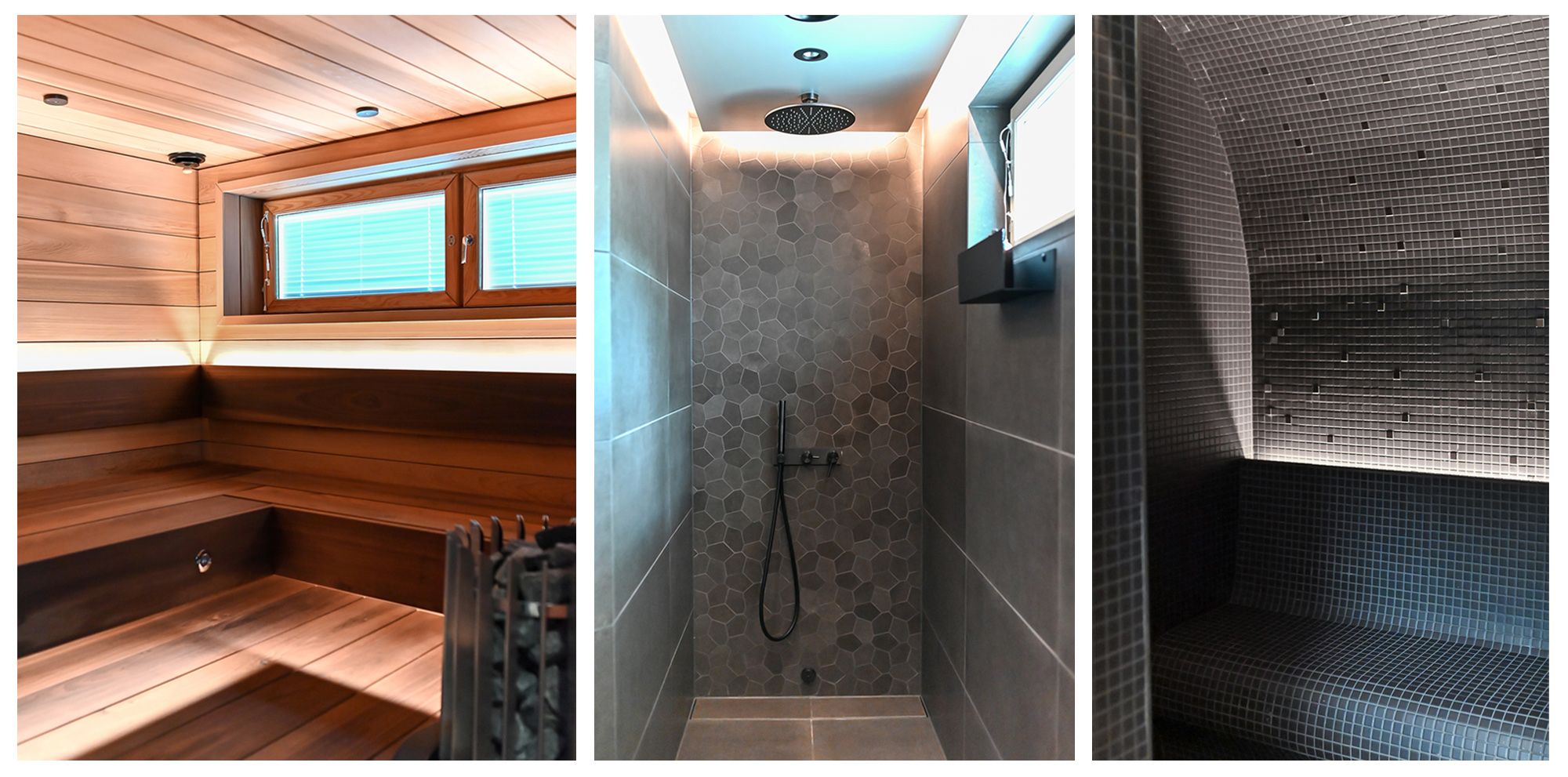 A complete renovation of the shower and sauna areas, with tapes to create a new atmosphere. Photos.