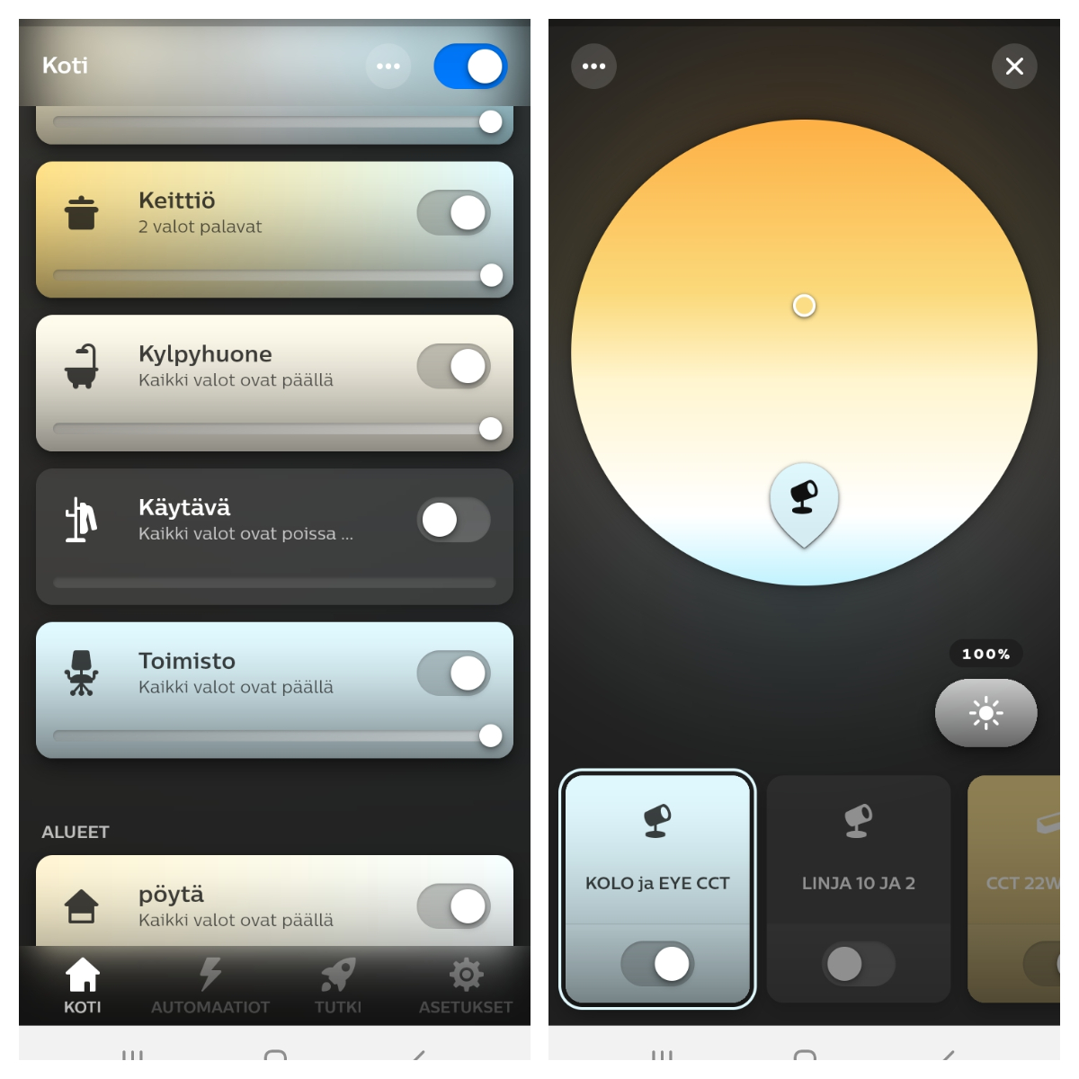 An example of the Philips Hue mobile view. On the left, the different rooms in the home and on the right, the kitchen light control mode. The colour wheel adjusts the colour temperature of the white light from warm white to cool white and the right edge adjusts the brightness. Of course, automation is also possible.