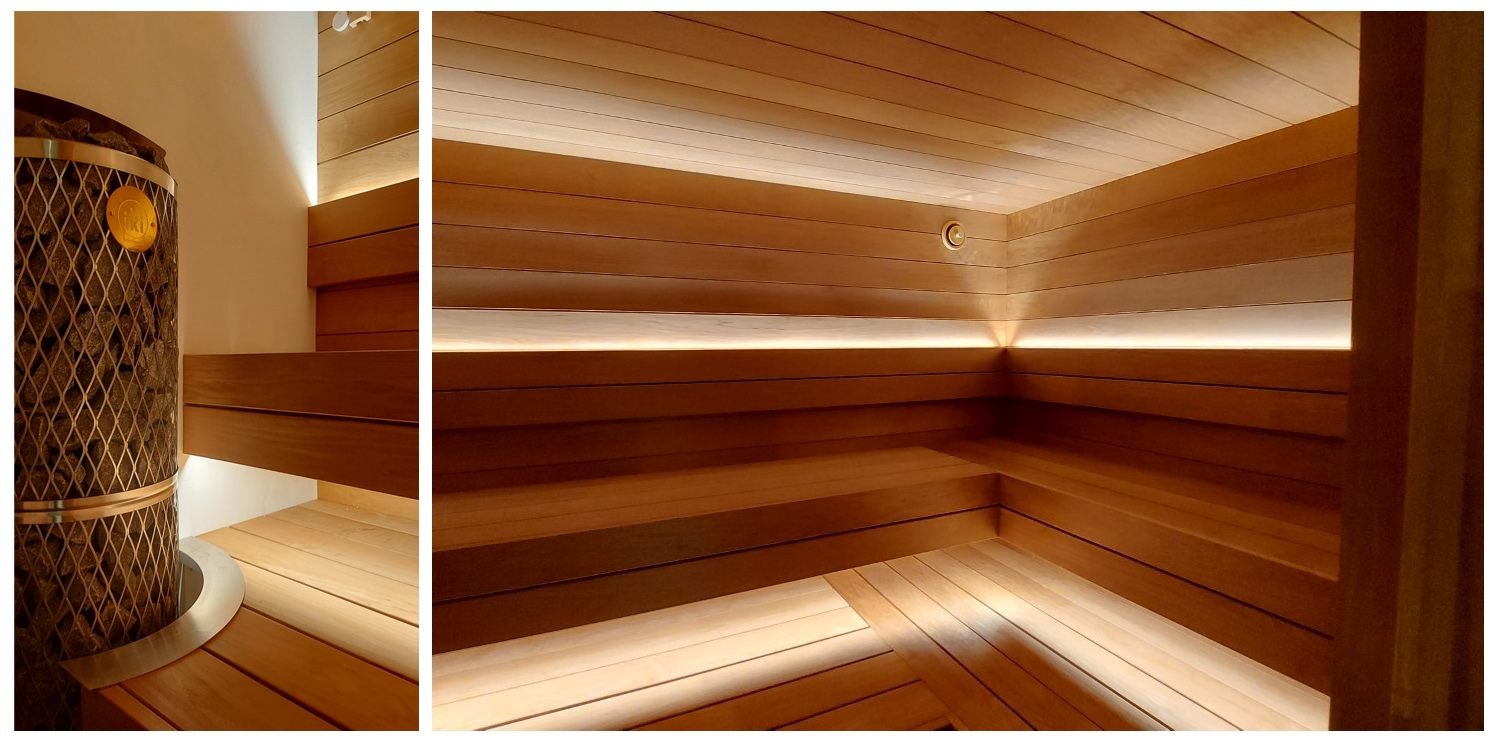 Sauna led strip lighting under the ceiling and at the top of the backrest. Photo.