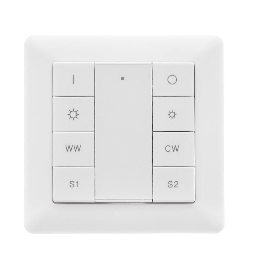 Wall-mounted LED light switch with power icons on top buttons; bottom buttons labeled WW, CW, S1, S2 with brightness icons for versatile control.