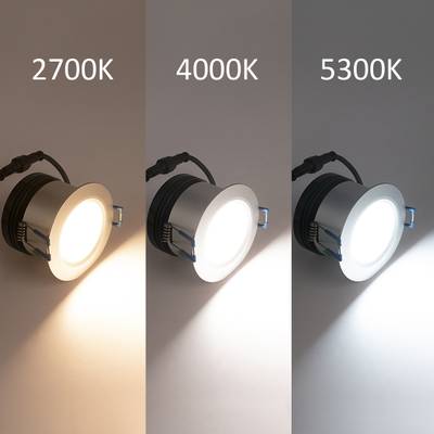 Three ceiling lights with colour temperatures of 2700K (warm), 4000K (neutral) and 5300K (cool) are displayed to highlight different LED lighting options.