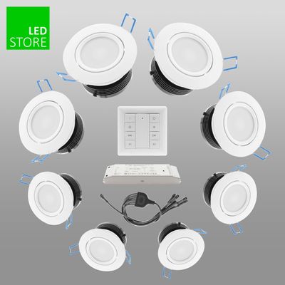 Optional text: seven white recessed LED ceiling lights in a circular configuration with control panel and wiring centre; LED Store logo in the corner.