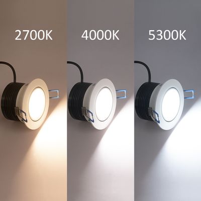 Three circular LED lights displaying colour temperatures of 2700K (warm), 4000K (neutral) and 5300K (cool) against a neutral background for optimal lighting.