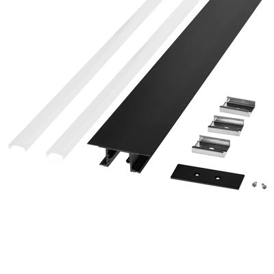 Aluminium channel set for LED strip lights with diffusers, end caps and screws on a white background. Ideal for elegant lighting installations.